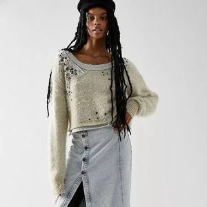 Free People Cream and Gray Embellished Sweater